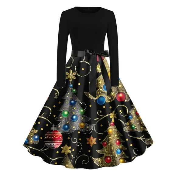 Cavosen Christmas Womens Casual Dresses Crew Neck Long Sleeve Midi Evening Gowns Ball Dress Elegant A Line Wedding Guest Cocktail Party Dress