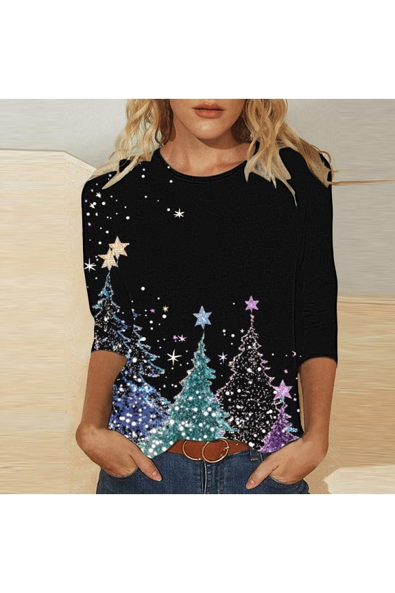 Christmas Womens Dressy Tops 3/4 Length Sleeves Glitter Xmas Tree Print Shirts Round Neck Blouse Holiday Trendy Tops Vacation Festival T-Shirt Going Out Party