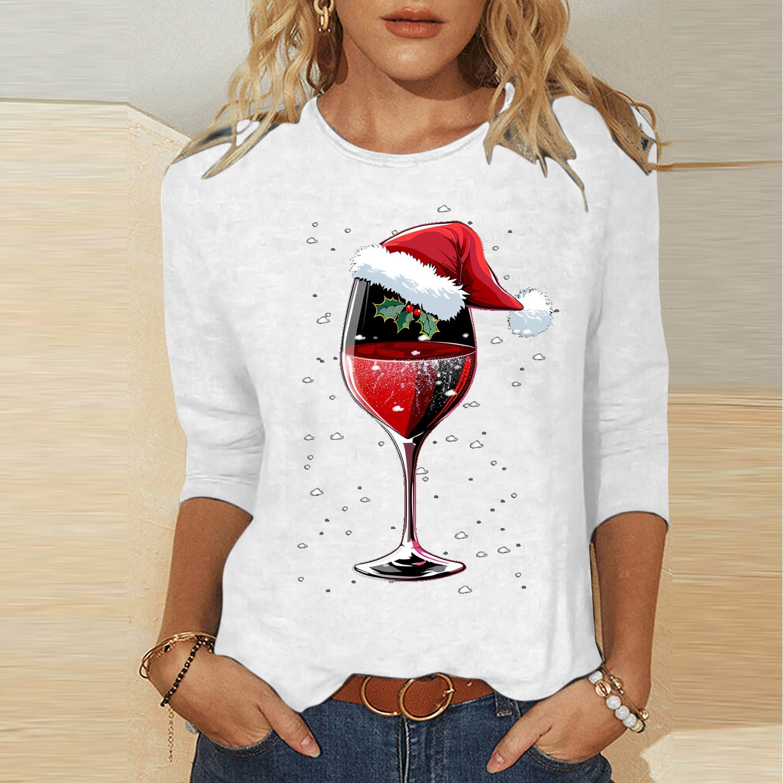 Cavosen Christmas Womens Going out Tops Xmas Cute Wine Glass Print Cute  Tees 3/4 Sleeve Round Neck Casual Loose Dressy T Shirts Trendy Festival Tops  Holiday Winter Shirts Blouse - Walmart.com, image size:1600x1600