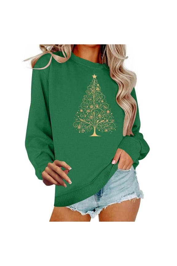 Christmas Womens Hoodies Pullover Crew Neck Long Sleeve Ugly Pullover Christmas Tree Solid Loose Blouses Party Shirt Tops