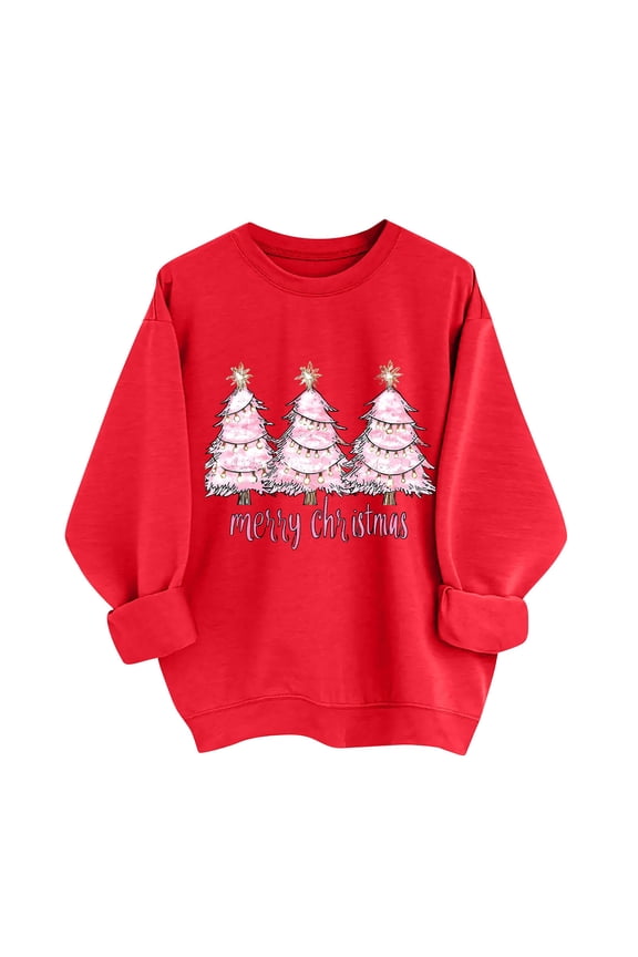 Christmas Womens Hoodies Pullover Crew Neck Long Sleeve Ugly Pullover Christmas Tree Solid Stretch Loose Blouses Party Shirt Tops