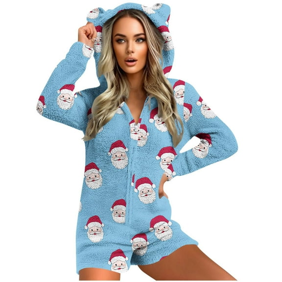 Cavosen Christmas Womens Jumpsuit Fleece Zip Up Long Sleeve Cute Hooded Loungewear with Ears Santa Claus Thicken Onesie Warm Unisex Casual Sleepwear