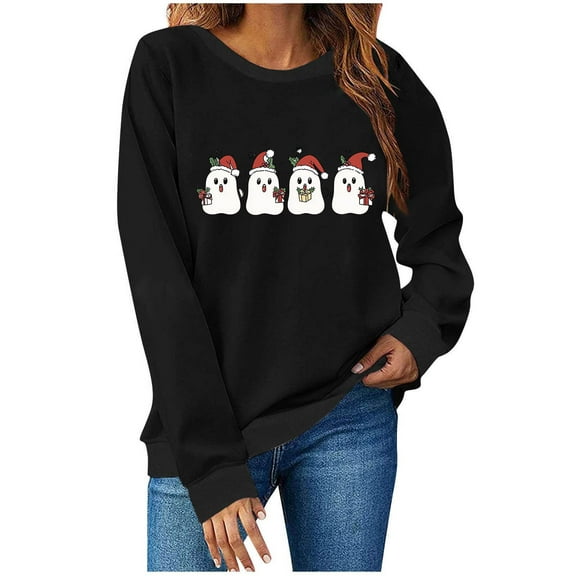 Cavosen Christmas Womens Tops for Fall Crew Neck Long Sleeve Cute Pullover Graphic Solid Stretch Loose Blouses Party Shirt Tops