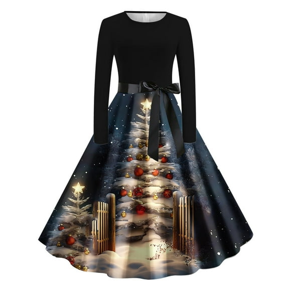 Cavosen Christmas Work Dresses for Women Crew Neck Long Sleeve Midi Evening Gowns Ball Dress Elegant Wedding Guest Cocktail Party Dress