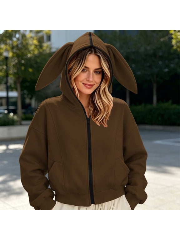 Coats for Women Long Sleeve Zipper Cropped Bunny Ear Jacket Solid Cute Lightweight Fall Outfits
