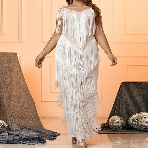 Cavosen Cocktail Dresses for Women Wedding Guest White Tassel Elegant Sleeveless Long Dress Crew Neck Glitter Fringe Ankle Length Maxi Dress Flowy Solid Bodycon Wrap Party Dress