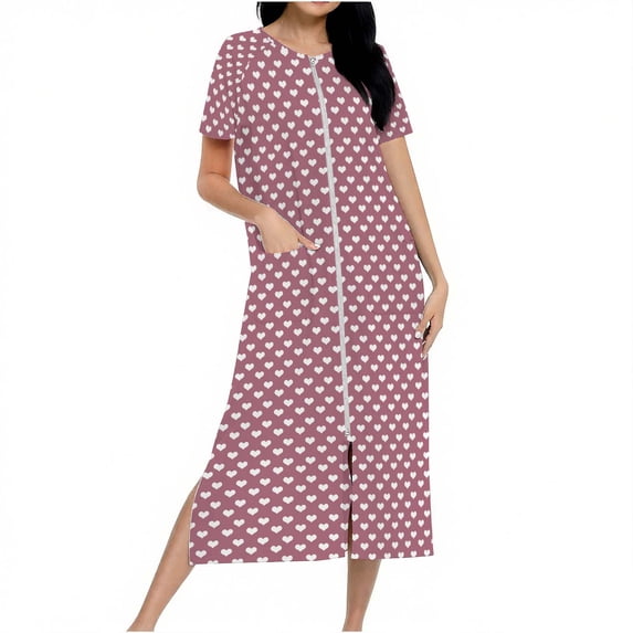 Cavosen Cotton Nightgowns for Women Knit Long Lightweight Bathrobe Pocketed Cozy Sleep Dress Heart Gradient Soft Zipper Sleepwear