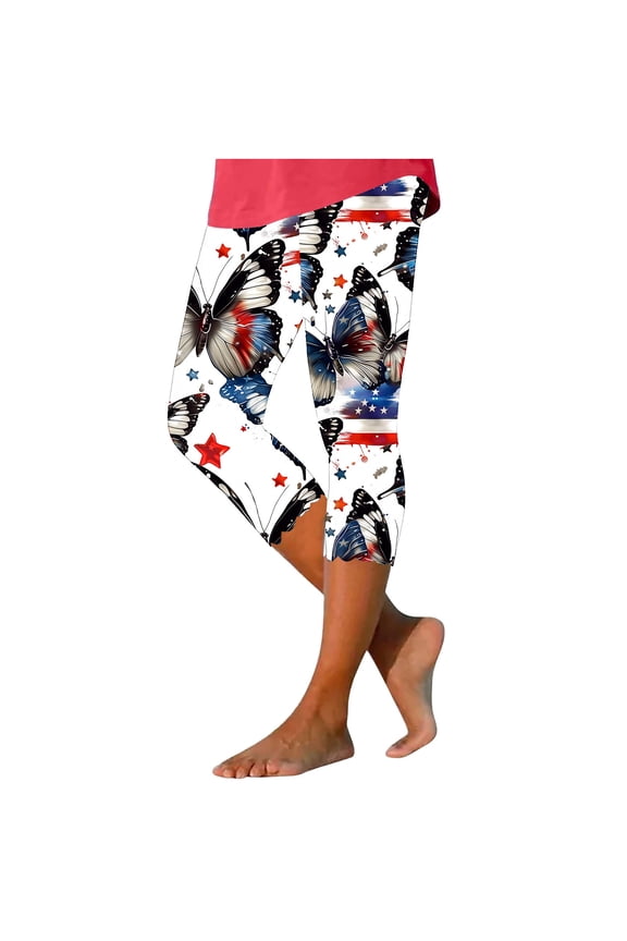 Cotton Pants for Women Fourth of July High Waist Tight Leggings Lightweight Elastic Waist Cropped Trousers Summer Breathable Outdoor Pants Blue S