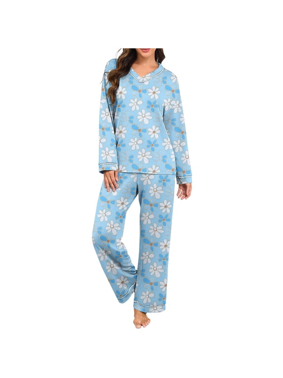 Cozy Loungewear Long Sleeve Cute V Neck Shirt Wide Leg Pants Graphic Lightweight Comfy Nightwear Light Blue XL