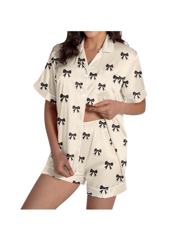 Cozy Pajamas for Women Notch CollarShort Sleeve Button Down Pajama Set Bow Loungewear Soft Sleepwear with Pocket