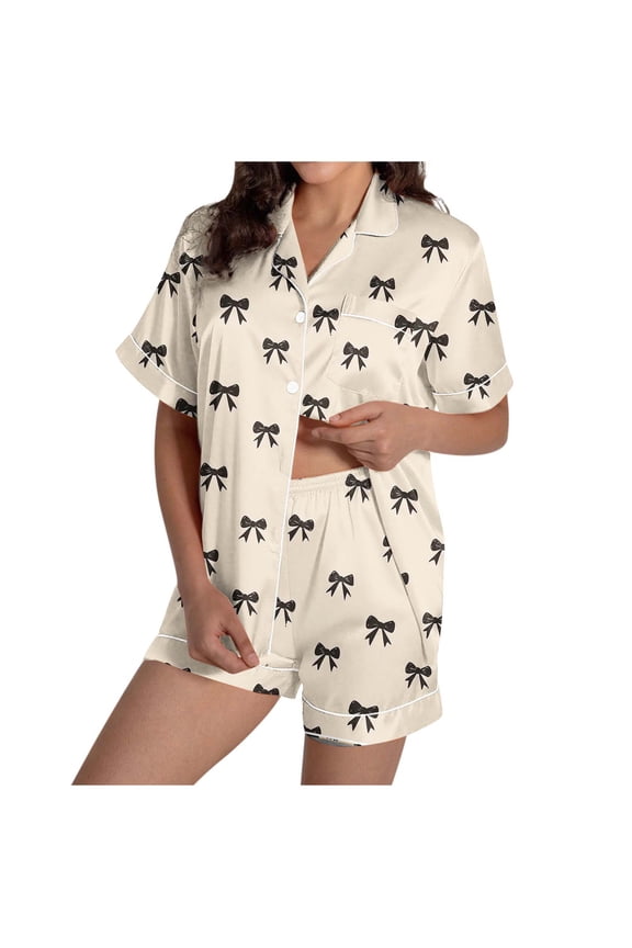 Cozy Pajamas for Women Notch CollarShort Sleeve Button Down Pajama Set Bow Loungewear Soft Sleepwear with Pocket
