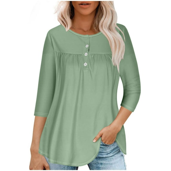 Cavosen Crew Neck T Shirts for Women 3/4 Sleeve with Button Pullover Tunic Blouse Solid Color Tees Dressy Flowy Loose Fit Tops Ruched Pleated Peplum Shirts Trendy Green L