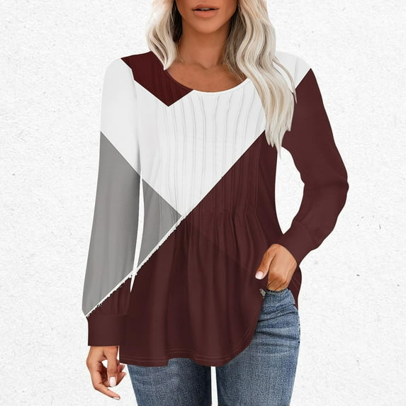Cavosen Crew Neck T Shirts for Women Long Sleeve Pullover Tunic Shirts Comfort Color Block Blouse Dressy Flowy Loose Fit Tees Ruched Pleated Tops Fashion Lightweight Autumn Red M