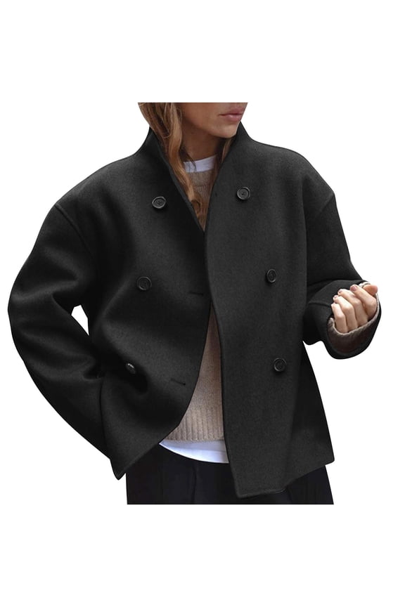 Cropped Trench Coat Winter Thicken Wool Notch Lapel Single Breasted Long Pea Coat Long Sleeve Solid Oversized Jackets Soft Warm Elegant Outwear