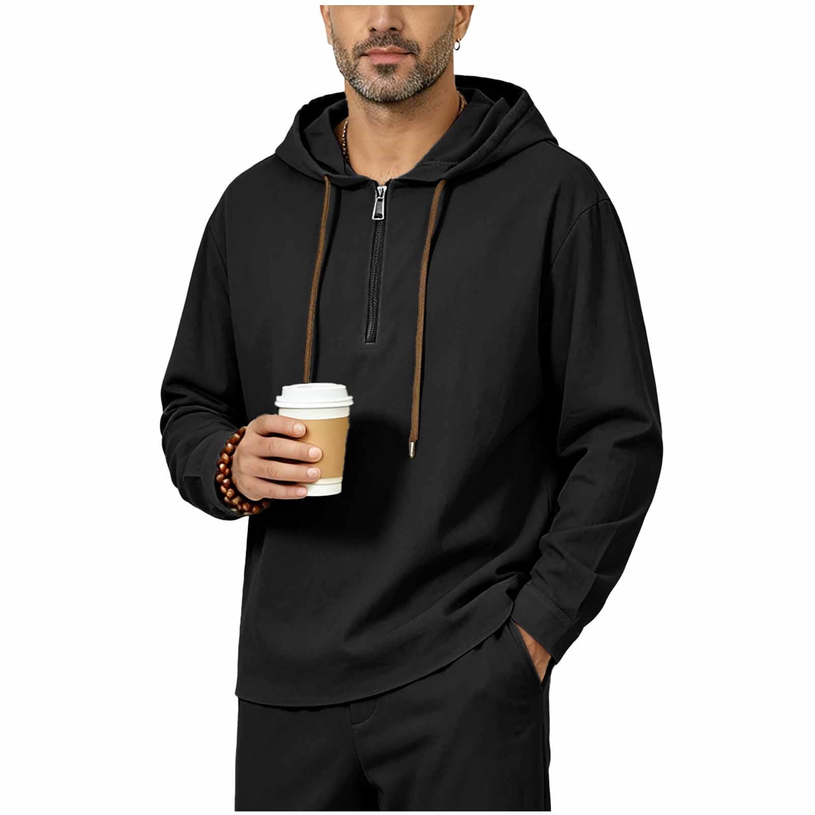 Cavosen Cropped Zip up Hoodie Men Dressy Linen Sweatshirt Solid