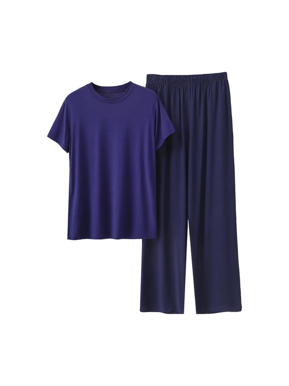 Cute Pajama Sets 2 Piece Casual Crewneck Short Sleeve Sleepwear with Loose Pants Solid Lightweight Loungewear Summer Comfortable Matching Set