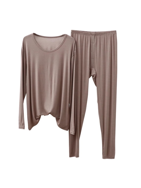 Cute Pajama Sets for Men 2 Piece Casual V Neck Long Sleeve Sleepwear Straight Leg Pants Solid Breathable Loungewear Summer Soft Matching Set