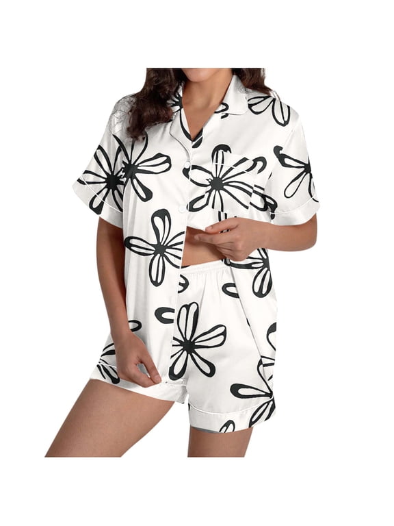 Cute Pajamas for Women Short Sleeve Button Down Lapel Shirt Short Pants Graphic Lightweight Comfy Loungewear with Pocket White 2XL
