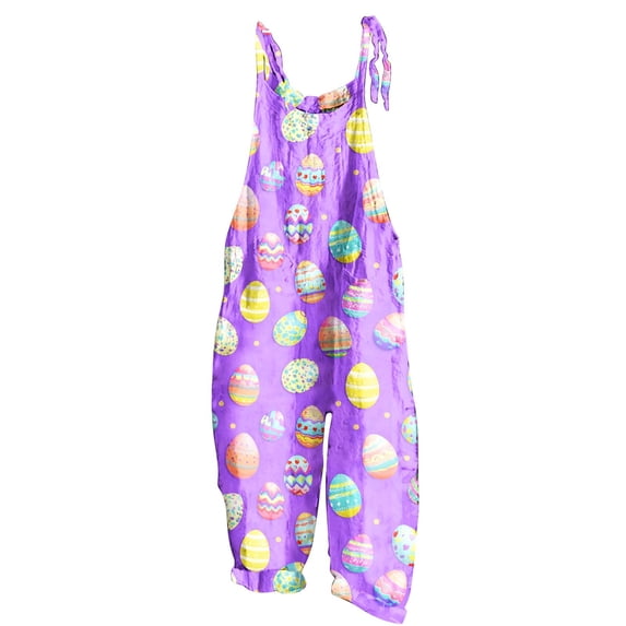 Cavosen Cute Rompers for Women Easter Oversized Jumpsuits Wide Leg Long Overalls with Pocket Decorated Eggs Vacation Rompers