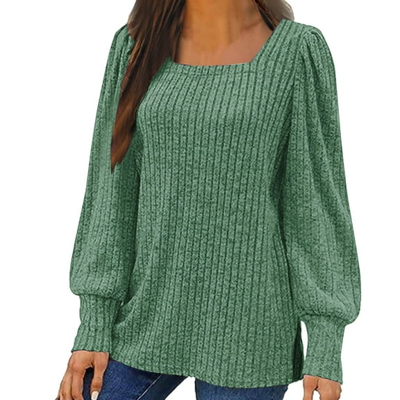 Cavosen Cute Shirts for Women Long Sleeve Puff Sleeve Pullover Blouse Tunic Square Neck Solid Soft Shirts Elegant Vacation Tops Stylish Loose T-Shirts Going out Beach Tees Green M