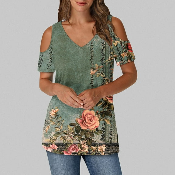 Cavosen Cute Short Sleeve Tops for Women Summer Off Shoulder Sleeve Dressy Shirts Tunic V Neck Casual Loose Blouse Floral Graphic Print Trendy T Shirts Going out Tees Green S