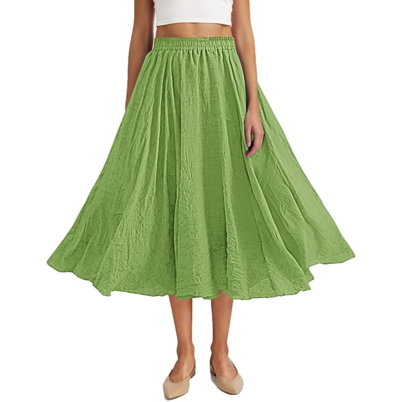Cavosen Cute Skirt Loose Solid Pleated Elastic Waist Midi Skirt Ladies A Line Office Soft Summer Skirt Green Free Size