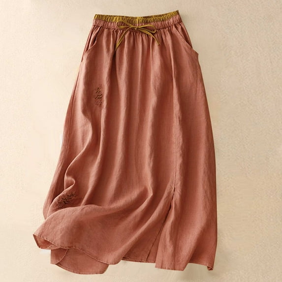 Cavosen Cute Skirts for Women Cotton Linen Embroidery Elastic Waist Plain Midi Skirts Elegant Lightweight Retro Vintage Flowy Trendy Calf Length Skirts Drawstring Fall Pink 2XL