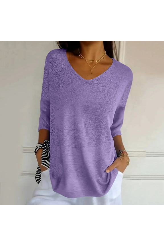 Cute Summer Tops for Women V-Neck Half Sleeve Blouses Tunic Pullover Knitted Curved Hem T Shirt Solid Color Tops Funny Plus Size Shirts Trendy Casual Tees Purple XL