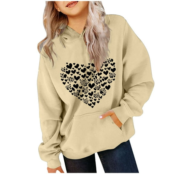Cavosen Cute Sweatshirts for Teen Girls Boys Toddler to Big Kids Long Sleeve Hooded Pullover Sweatshirts Heart Print Hoodies Fashion Sweatshirts Tops with Pocket Beige 3T