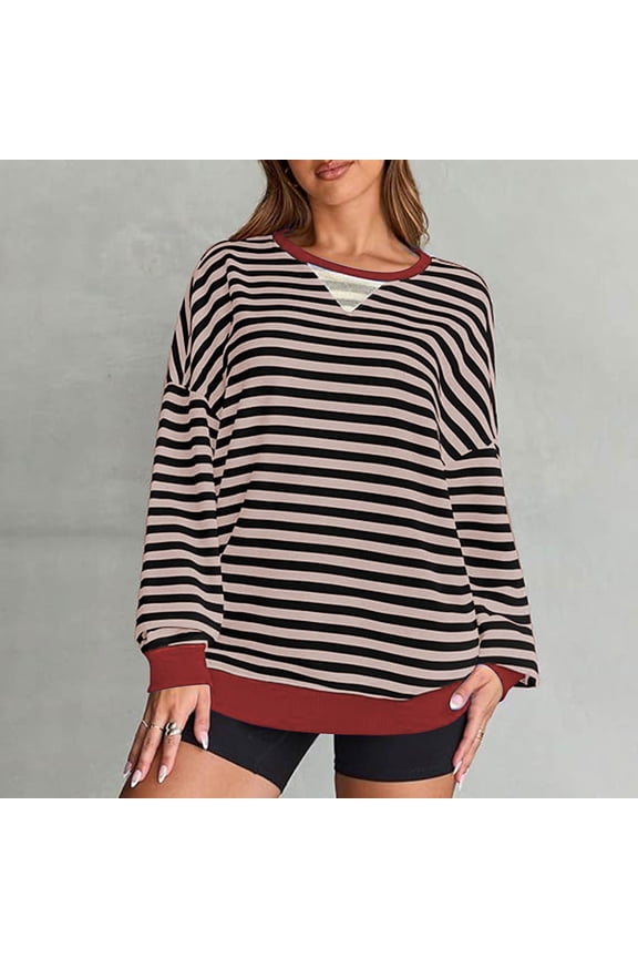 Cute Tops for Women Long Sleeve Drop Shoulder Sleeve Pullover Shirts Tunic Round Neck Striped Soft Tops Boyfriend Vacation T-Shirts Novelty Dressy Blouse Workout Tees Black XL