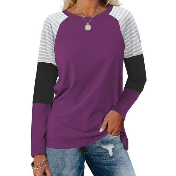 Cavosen Cute Tops for Women Long Sleeve Plus Size Raglan Sleeve Tunic T Shirt Crew Neck Color Block Tops Pullover Shirts Trendy Casual Blouse Tees Fall Winter Clothes Purple XL