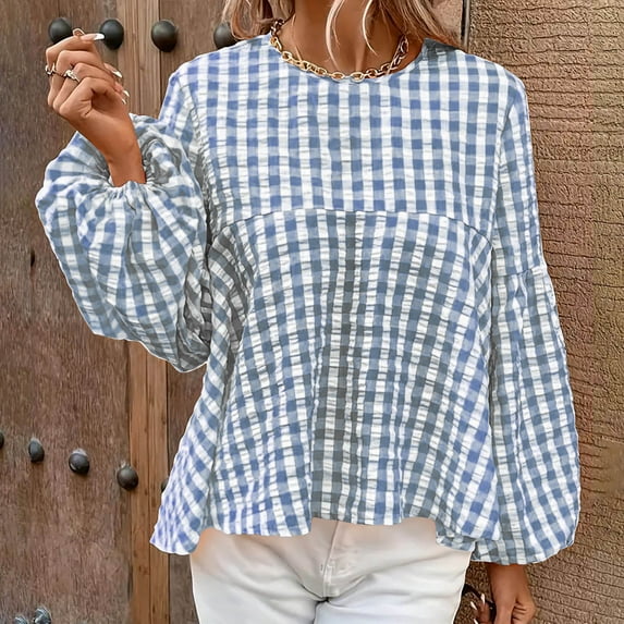 Cavosen Cute Tops for Women Long Sleeve Soft Lantern Pullover Shirts Crewneck Casual Plaid Blouse Dressy Flowy Loose Fit Tees Basic Daily Tops Trendy Lightweight Fall Blue 2XL