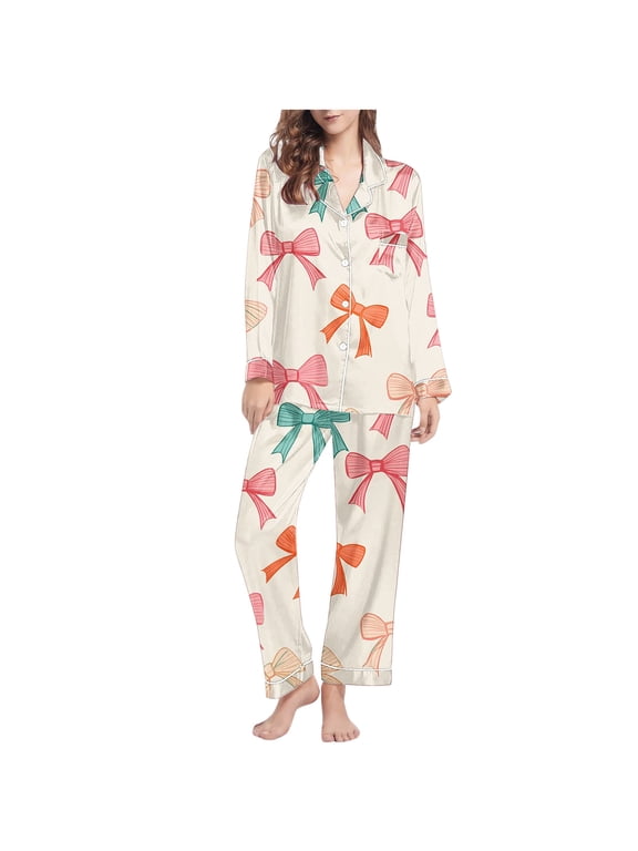 Cute Womens Pajamas Long Sleeve Button Down Soft Lapel Shirt Wide Leg Pants Bow Breathable Casual Loungewear with Pocket Khaki XL