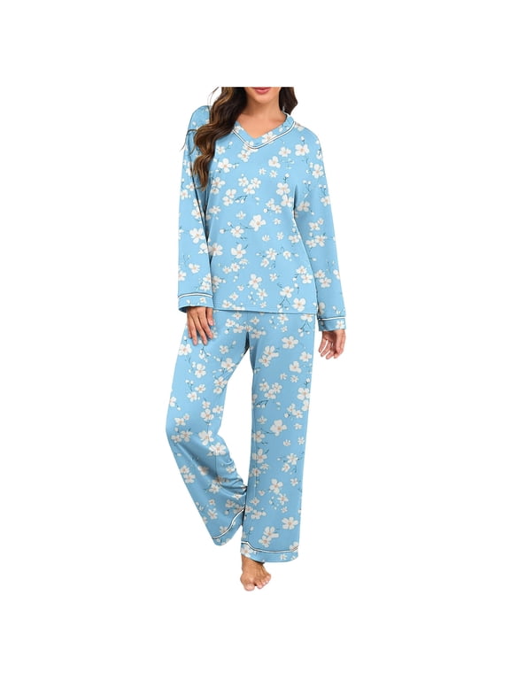 Cute Womens Pajamas Long Sleeve V Neck Shirt Wide Leg Pants Graphic Lightweight Comfy Nightwear Light Blue M