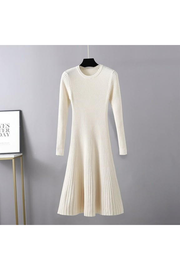 Dresses for Women Long Sleeve Beige Knitted Sweater Dress Midi A-Line Crew Neck Knee Length Dress Solid Basic Pullover Wrap Warm Casual Trendy Dress Fall Winter Clothes