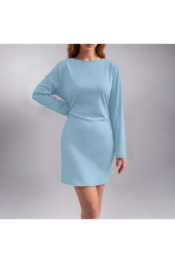 Dresses for Women Long Sleeve Blue Mini Dress Wrap Boat Neck Knee Length Short Dress Solid Clubwear Casual Trendy Dress Flowy Party Vacation Fall Winter Clothes XL