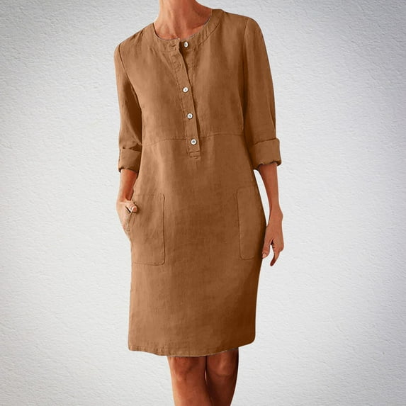 Cavosen Dresses for Women Long Sleeve Brown Cotton Linen Midi Dress Crew Neck Knee Length Dress Solid Casual Trendy Dress Button with Pocket Vacation Fall Winter Clothes L