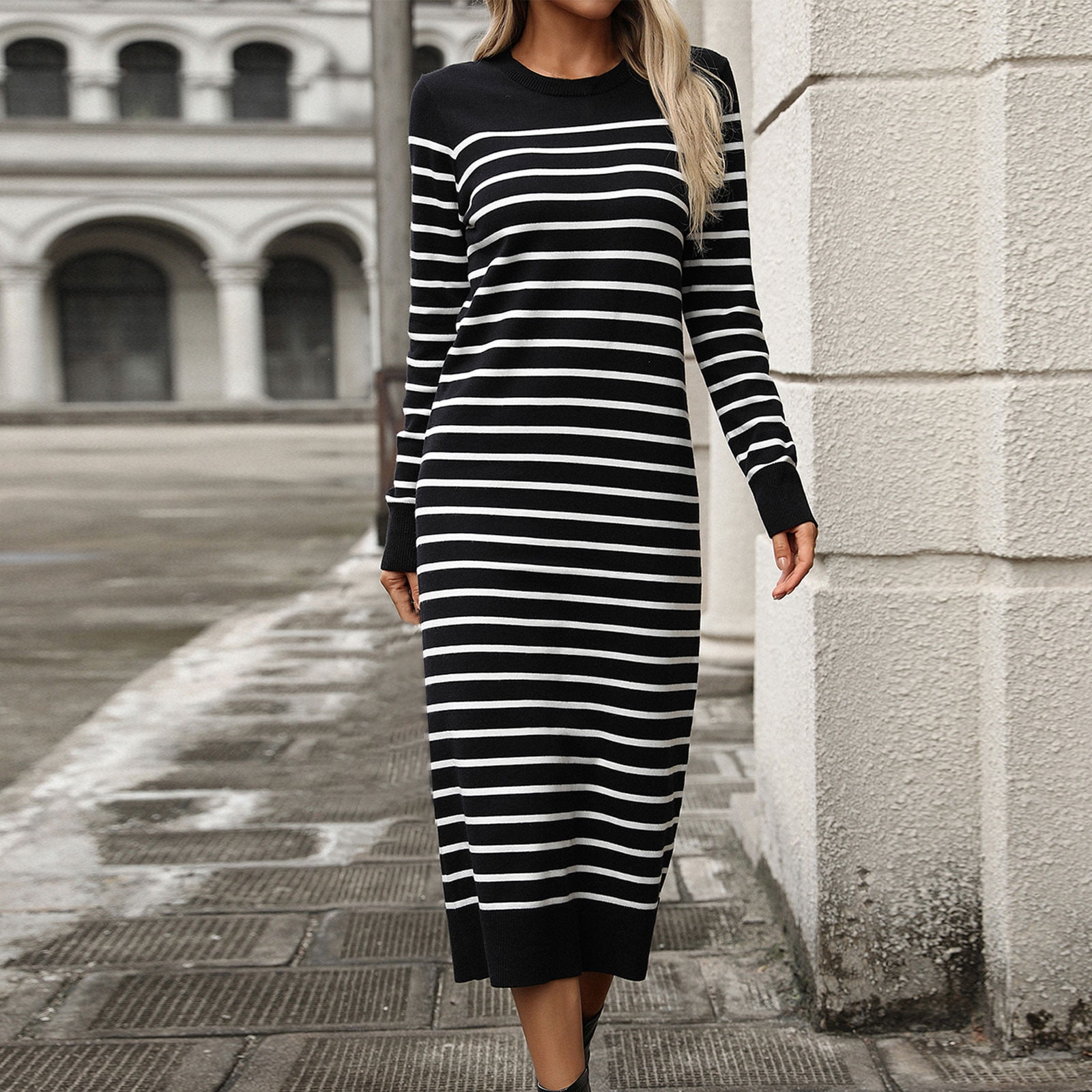 Cavosen Dresses for Women Long Sleeve Maxi Black Knitted Sweater Dress Wrap  Crew Neck Calf Length Long Dress Striped Pullover Warm Casual Trendy Dress  Fall Winter Clothes M - Walmart.com