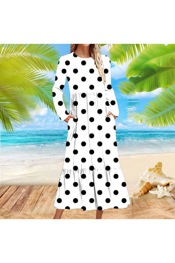 Dresses for Women Long Sleeve Maxi White Fashion Dress Smocked Tiered Crew Neck Ankle Length Long Dress Polka Dots Print Pleated Casual Dress with Pocket Fall Winter S