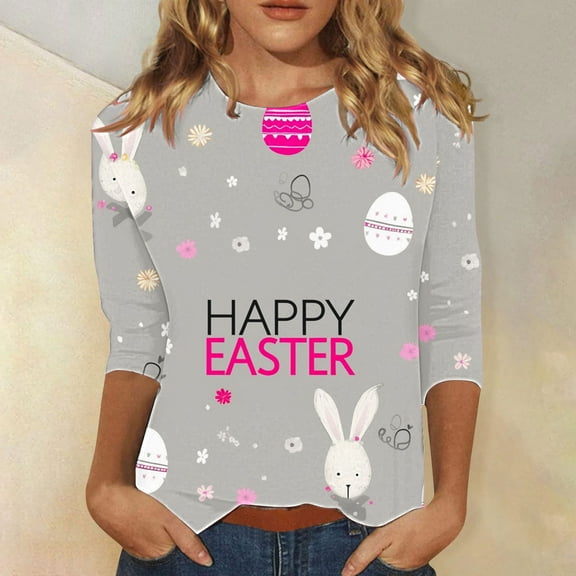 Cavosen Easter Day 3/4 Length Sleeve Tops for Women Eggs Funny Letter Print Trendy Blouse Round Neck Festival Shirts Casual Dressy Holiday T Shirts Going out Summer Tees S