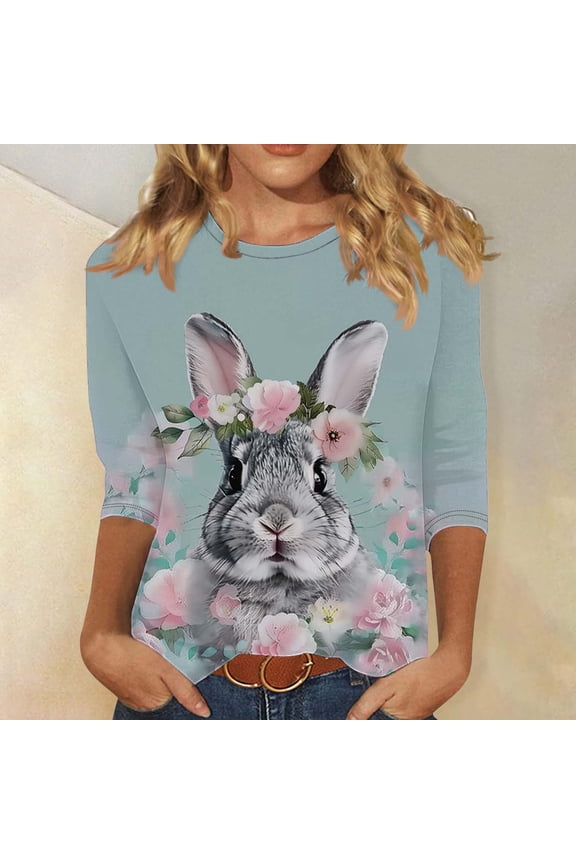 Easter Day Blouses for Women 3/4 Sleeve Bunny Floral Print Fashion Shirts Round Neck Festival Tops Loose Dressy Holiday T Shirts Going out Summer Tees Plus Size 3XL