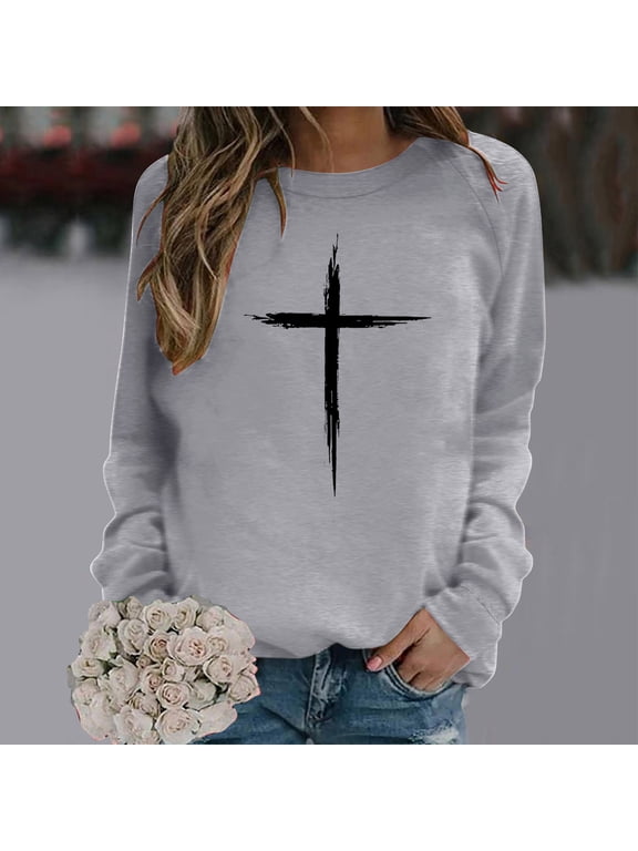 Easter Day Long Sleeve Top Women Blouses Tees Cross Letter Blessed Print T Shirts Tops Shirts Crew Neck Raglan Sleeve Casual Tshirts Cute Clothes Workout Clothes Gray L