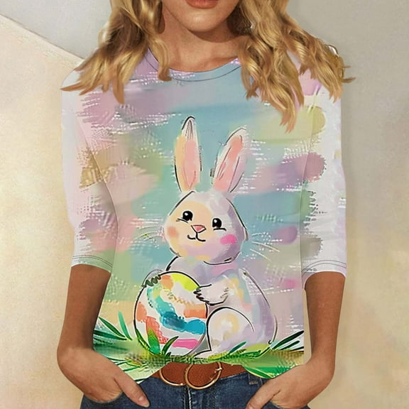 Cavosen Easter Day Shirts for Women 3/4 Length Sleeves Bunny Floral Print Fashion Pullover Blouse Crewneck Holiday T Shirts Loose Dressy Festival Tops Going out Summer Tees XL
