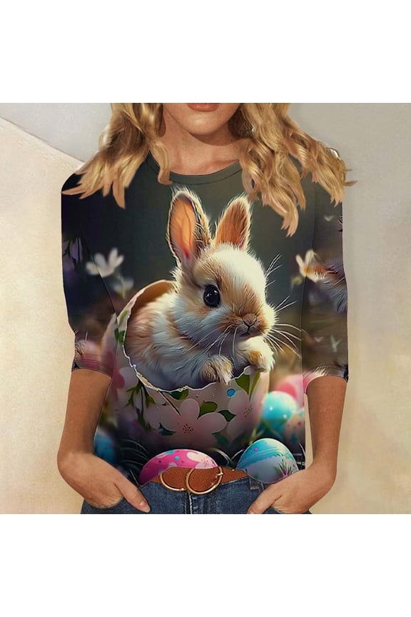 Easter Day Three Quarter Sleeve Shirts for Women Cute Bunny Graphic Print Trendy Blouse 3/4 Sleeve Crewneck Festival Tops Loose Dressy Holiday T Shirts Going out 2XL
