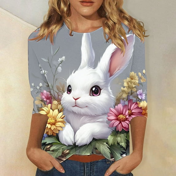 Cavosen Easter Day Womens 3/4 Length Sleeve T Shirts Bunny Floral Print Fashion Pullover Tops Round Neck Holiday Shirts Casual Dressy Festival Blouse Going out Summer Tees L