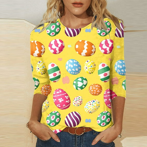 Cavosen Easter Day Womens Blouses 3/4 Sleeve Eggs Graphic Print Fashion Pullover Shirts Round Neck Festival Tops Casual Dressy Holiday T Shirts Religious Going out Summer Tees M
