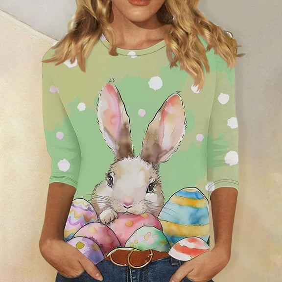 Cavosen Easter Day Womens T Shirts 3/4 Sleeve Bunny Eggs Print Fashion Pullover Blouse Crewneck Holiday Shirts Casual Dressy Festival Tops Religious Going out Summer Tees L