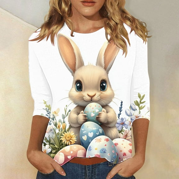 Cavosen Easter Day Womens Tops 3/4 Length Sleeve Crew Neck Bunny Eggs Print Trendy Pullover T Shirts Festival Blouse Loose Dressy Holiday Shirts Religious Going out Summer Tees L
