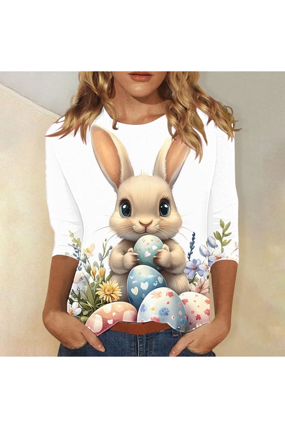 Easter Day Womens Tops 3/4 Length Sleeve Crew Neck Bunny Eggs Print Trendy Pullover T Shirts Festival Blouse Loose Dressy Holiday Shirts Religious Going out Summer Tees L