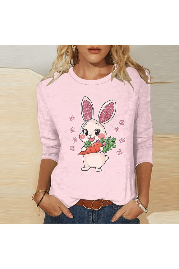 Easter Day Womens Tops 3/4 Length Sleeve Crew Neck Cute Bunny Graphic Print Trendy T Shirts Holiday Blouse Casual Dressy Festival Shirts Going out Tees Plus Size 5XL